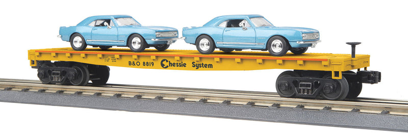 Flatcar with 2 '67 Chevy Camaros - 3-Rail - Ready to Run - RailKing(R) -- Chessie System 8819