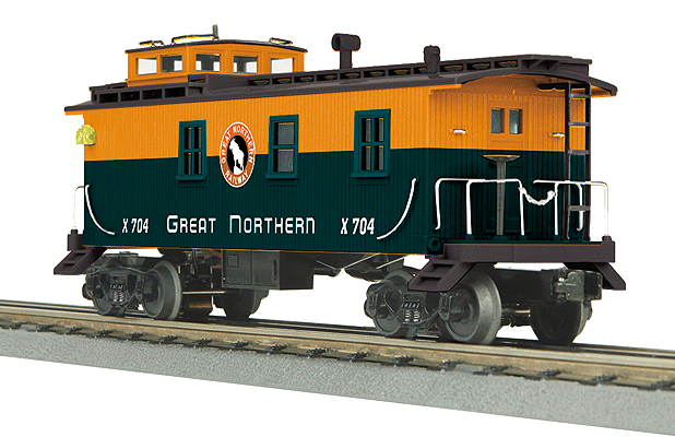 Wood Caboose - 3-Rail - Ready to Run - RailKing(R) -- Great Northern #X704 (orange, green, Rocky Silhouette Logo)