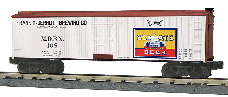Wood Ice Reefer - Ready to Run - 3-Rail - Ready to Run - RailKing(R) -- Frank MecDermott Brewing/Senate Beer #108 (white, Boxcar Red)