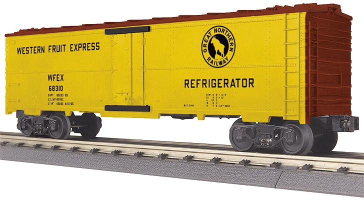 Modern Steel Ice Reefer - 3-Rail - Ready to Run - RailKing(R) -- Western Fruit Express WFEX #68310 (yellow, Boxcar Red, GN Rocky Logo)