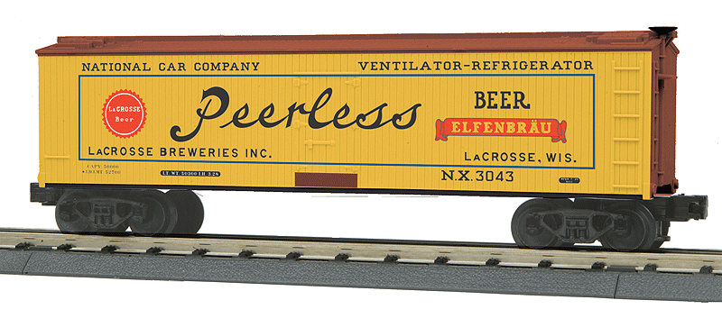 40' Wood Ice Reefer - 3-Rail - Ready to Run - RailKing(R) -- LaCrosse Breweries NX #3043 (yellow, Boxcar Red, red, black, Peerless Beer)