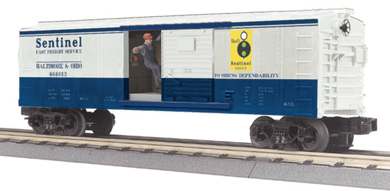 Operating Boxcar w/Signal Man- 3-Rail - Ready to Run - RailKing(R) -- Baltimore & Ohio #466013 (gray, blue, Sentinel Logo & Graphics)