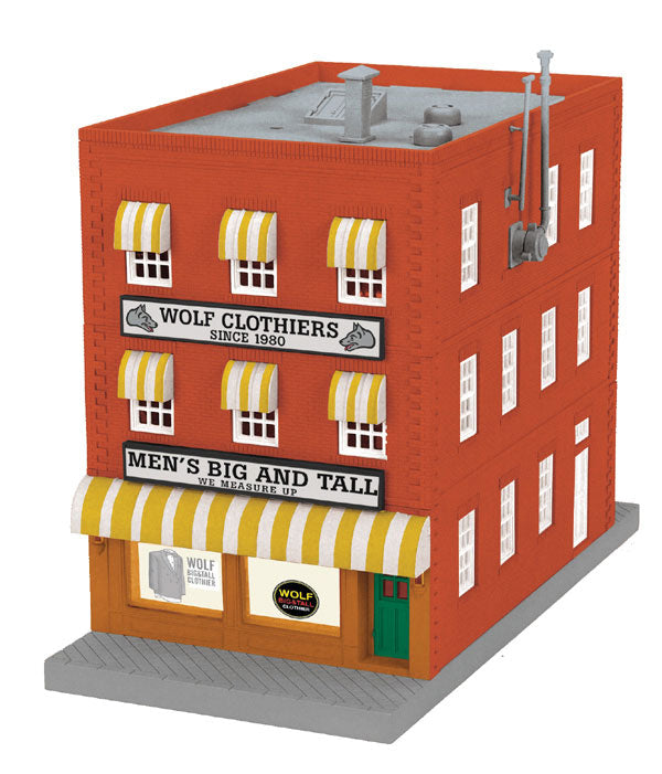 RailTown Wolf's Clothier 3-Story City Building w/Fire Escape & Blinking Sign -- 12-3/4 x 6-5/16 x 9"