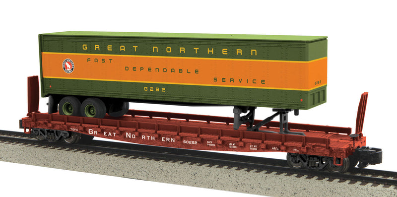 Flatcar w/48' Trailer - Hi-Rail Wheels - Ready to Run -- Great Northern #60252 (Boxcar Red Flat w/orange, green Trailer)
