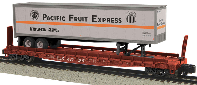 Flatcar w/48' Trailer - Hi-Rail Wheels - Ready to Run -- Pacific Fruit Express #475200 (Boxcar Red Flat w/gray, orange Trailer)