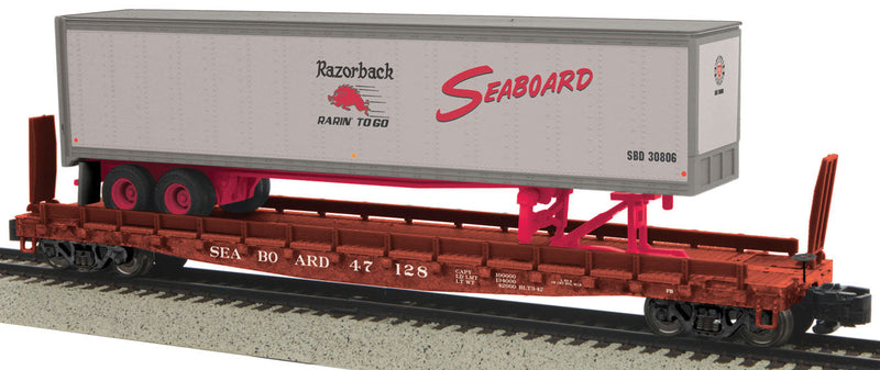 Flatcar w/48' Trailer - Hi-Rail Wheels - Ready to Run -- Seaboard Air Line #47128 (Boxcar Red Flat w/gray, red, Razorback Trailer)