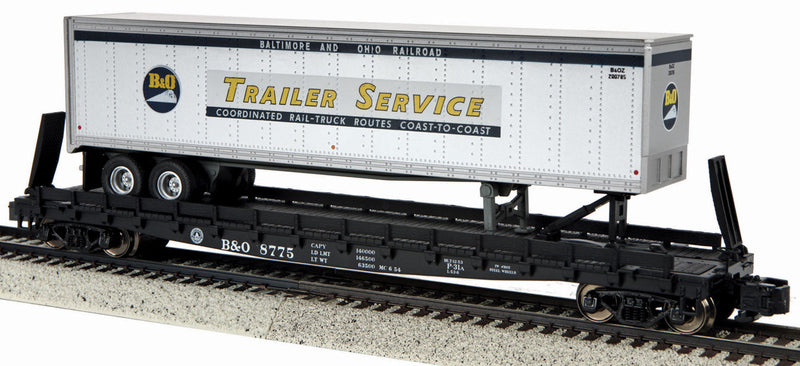 Flatcar w/48' Trailer - Scale Wheels - Ready to Run -- Baltimore & Ohio #8775 (black Flat w/silver, blue, yellow Trailer)