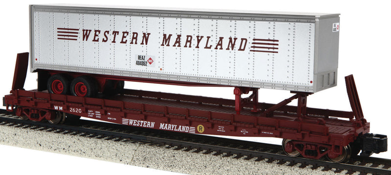 Flatcar w/48' Trailer - Scale Wheels - Ready to Run -- Western Maryland #2620 (Boxcar Red Flat w/gray Trailer)
