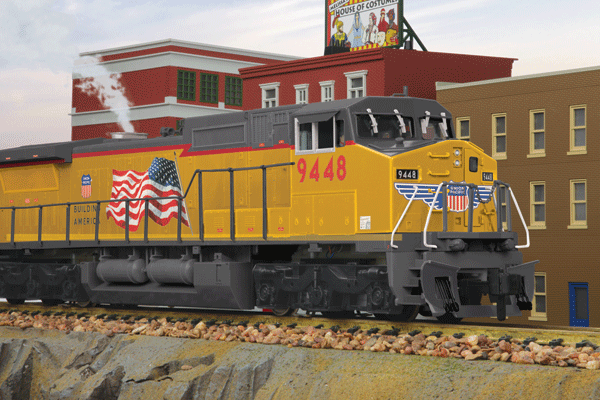 GE Dash 8-40CW w/Proto-Sound 3.0, DCC/DCS & Smoke - RailKing One Gauge -- Union Pacific #9448 (Armour Yellow, gray, Building America Logo, U.S. Flag)