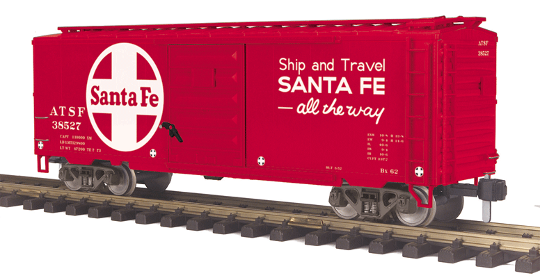 40' Steel Boxcar - Ready to Run - RailKing One Gauge -- Santa Fe #38527 (red, white, Large Logo, Ship & Travel Slogan)
