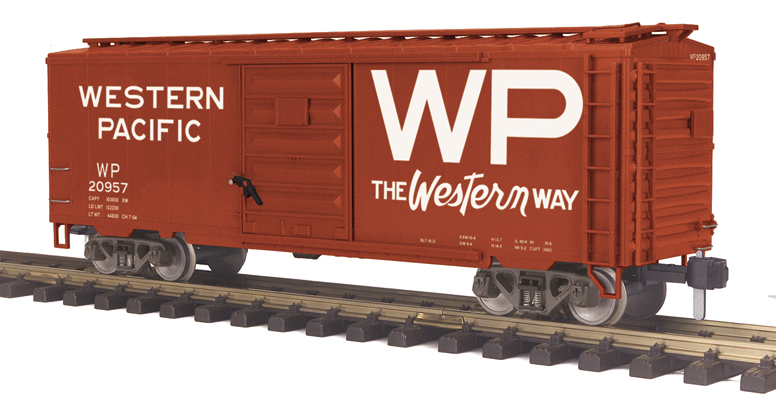 40' Steel Boxcar - Ready to Run - RailKing One Gauge -- Western Pacific #20957 (Boxcar Red, white, Large WP & Western Way Slogan)