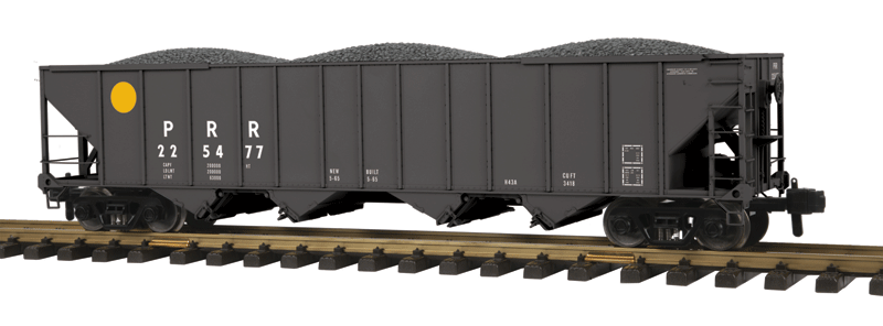 4-Bay Hopper w/Load - Ready to Run - RailKing One Gauge -- Pennsylvania Railroad #225477 (black, yellow Dot, No Logo)