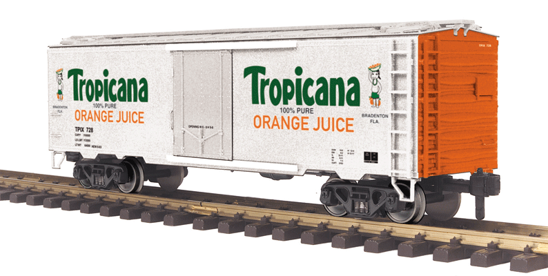 40' Steel Reefer - Ready to Run - RailKing One Gauge -- Tropicana #728 (white, green, orange)