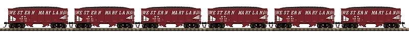 USRA 55-Ton Steel 2-Bay Hopper w/Load 6-Pack - Ready to Run -- Western Maryland (Boxcar Red, Speed Lettering)