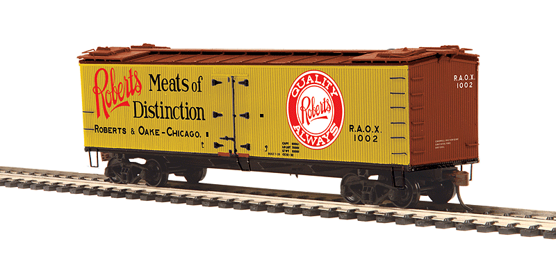 R40-2 Wood Reefer - Ready to Run -- Roberts & Oake Meats RAOX #1002 (yellow, Boxcar Red, red, black)