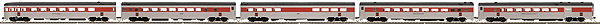 Streamlined Corrugated 5-Car Passenger Set w/Interior Lights - Ready to Run -- 1 Each Combine, Coach, Tavern, Parlor & Observation New Haven (silver, red)