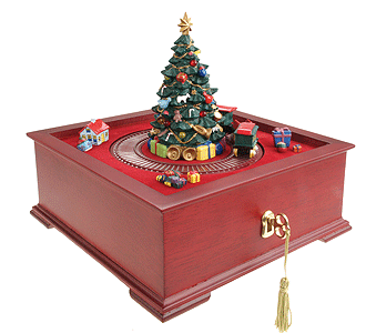 Deluxe Music Box, Lighted & Animated On Wooden Base w/Key -- Train Scene Plays: (24) Christmas Carols and (24) All Time Classics