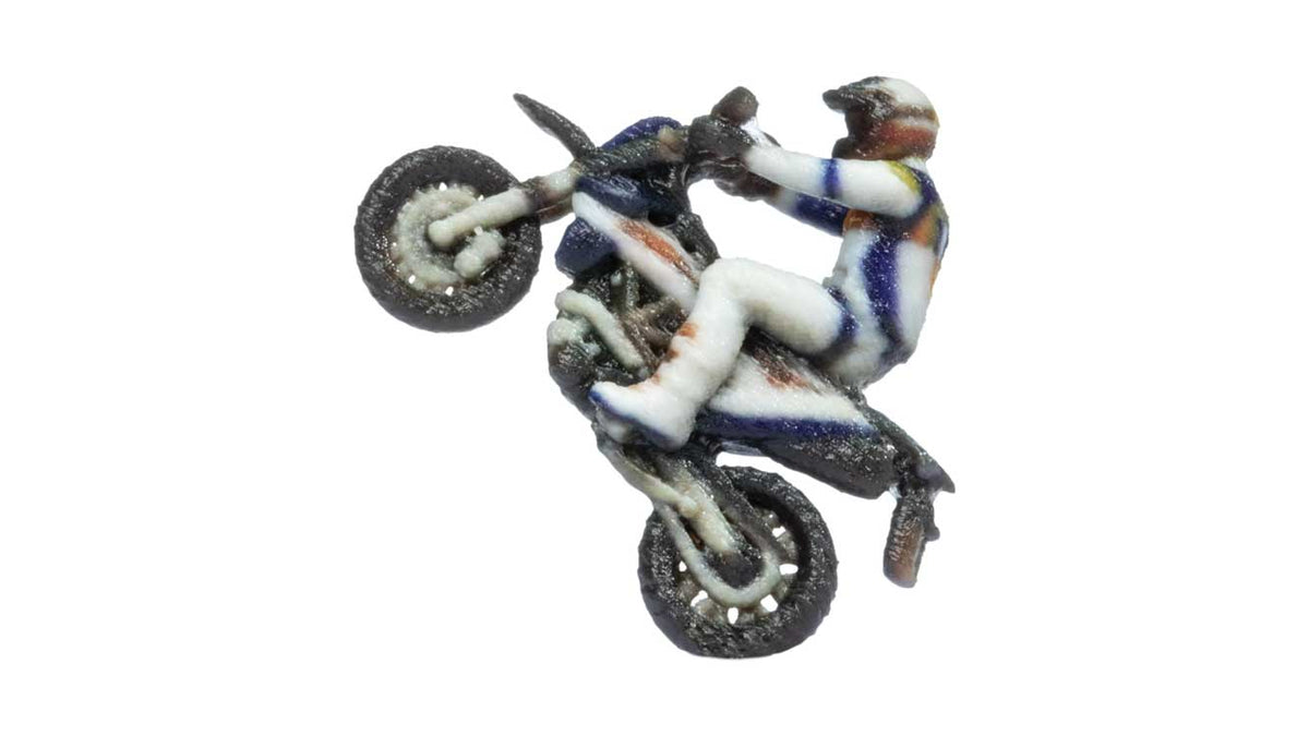Motocross-Style Motorcycle with Rider Doing Wheelie - Color 3D Print -- White, Red