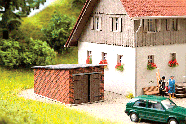 1-Car Brick Garage w/Angled Roof - Kit (Laser-Cut Card) -- 2-3/4 x 1-9/16 x 1-3/16" 6.9 x 4 x 3cm