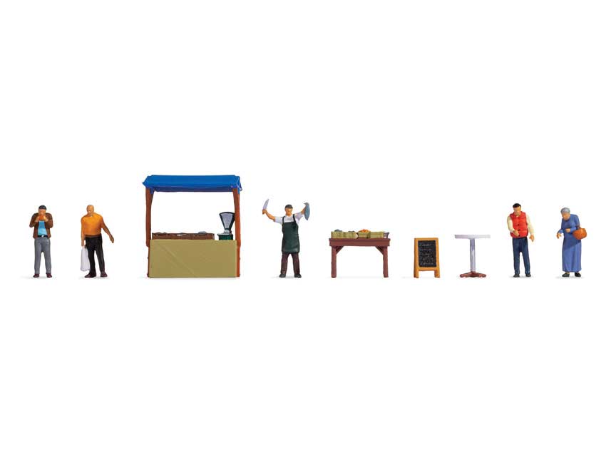 Farmers Market Fish Stall -- 5 Figures, Market Stall, 4 Baskets, Table with Display. Snack Table, Sign-1