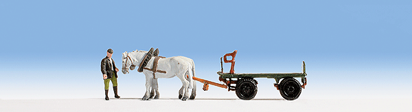 Horse-Drawn Wagon -- Flatbed on Rubber Tires w/Two-Horse Hitch & Standing Figure