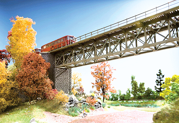 Steel Truss Bridge w/Cut-Stone Abutments - Kit (Laser-Cut Card) -- 4" Long, Single Track; Abutments: 2-13/16" 7.2cm Tall