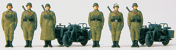 Former German Army WWII Motorcycle Troops (Plastic Kit) -- 2 Zundapp S 750 Cycles w/Sidecars & 6 Figures Standing at Attention