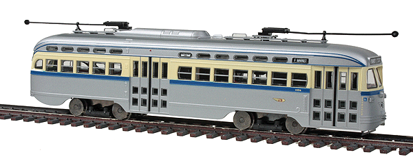 San Francisco F Line PCC Streetcar - Standard DC -- Philadelphia Rapid Transit (PRT/PTC) #1054 (silver, cream w/blue belt rail)