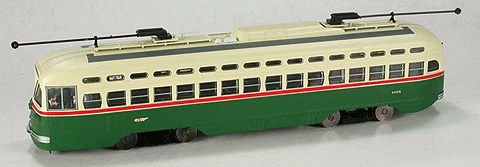 San Francisco F Line PCC Streetcar Powered -- Philadelphia Transportation Company #1055 (green, cream w/red belt rail)