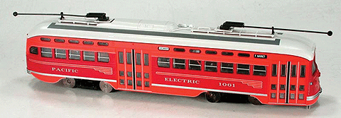San Francisco F Line PCC Streetcar Powered -- Pacific Electric Railway #1061 (red, orange, gray post 1940 Scheme)