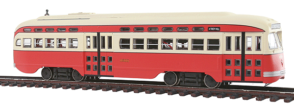 Executive Line Post-War PCC Streetcar - Standard DC -- Pittsburgh, Pennsylvania #1600 w/Full-Length Roof Fan (red, cream)