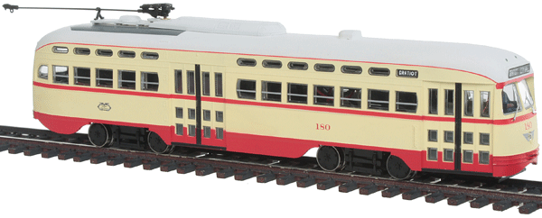 Executive Line Post-War PCC Street Car - Sound & DCC Equipped -- Detroit #180 w/Small Roof Vents (cream, red, white)