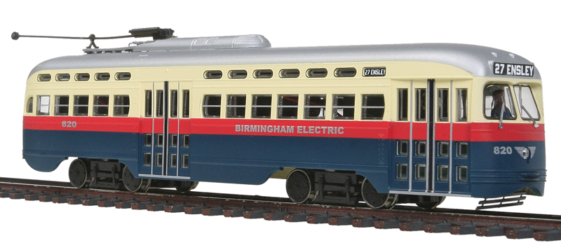 PCC Streetcar - Tsunami Sound & DCC - Executive Line -- Birmingham, Alabama #820 (cream, orange, blue)