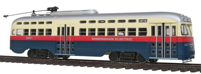 PCC Streetcar - Tsunami Sound & DCC - Executive Line -- Birmingham, Alabama #847 (cream, orange, blue)