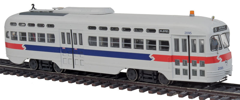 Post-War PCC Street Car - Standard DC - Executive Line -- SEPTA #2095 (Phase II; Rt 15: 63rd St - Girard Av; white, red, blue)