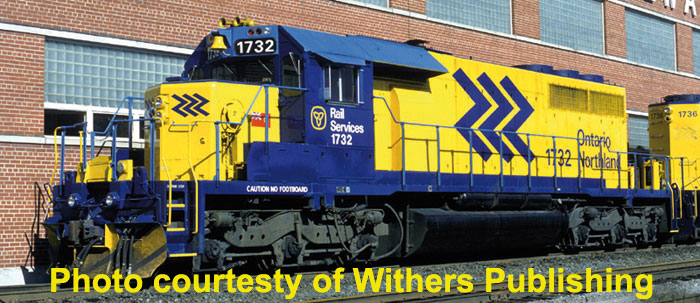 GMD SD40-2 w/LokSound & DCC -- Ontario Northland #1732 (yellow, blue, Chevron Markings)