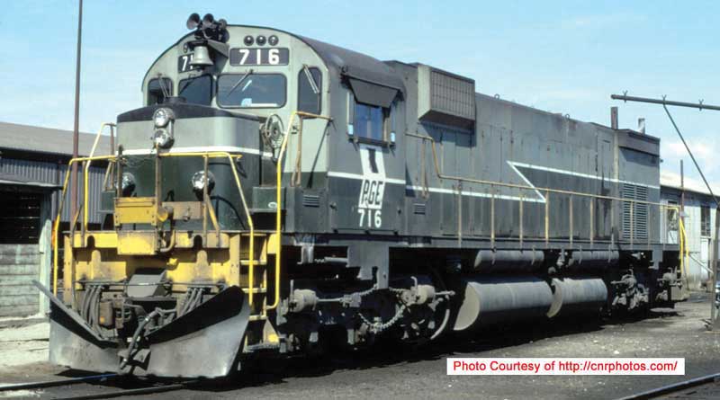 Montreal Locomotive Works M630 - Standard DC - Executive Line -- Pacific Great Eastern 713 (Two-Tone Green, Lightning Stripe, Nose Ditch Ligh