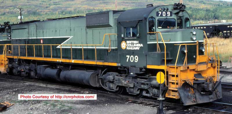 Montreal Locomotive Works M630 - Standard DC - Executive Line -- British Columbia Railway 709 (2-Tone Green, yellow, Lightning Strip, Nose Di