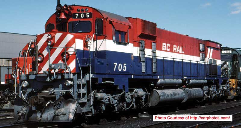 Montreal Locomotive Works M630 - Standard DC - Executive Line -- BC Rail 705 (Hockey Stick, red, white, blue, Recessed Ditch Lights, Ext Filt