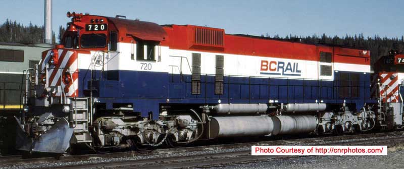 Montreal Locomotive Works M630 - LokSound & DCC - Executive Line -- BC Rail 720 (red, white, blue, Recessed Ditch Lights, Ext Filter)