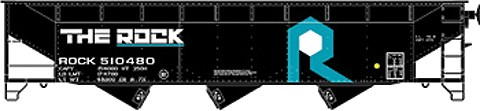 70-Ton Offset Hopper Assembled w/Knuckle Couplers -- Rock Island #510480 (black, white; "The Rock" Slogan, Large Blue R Logo)