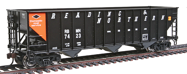 100-Ton 3-Bay Open Hopper Assembled w/Knuckle Couplers & Metal Wheels -- Reading & Northern #7423 w/Yellow End & Conspicuity Stripes