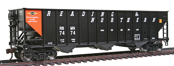 100-Ton 3-Bay Open Hopper Assembled w/Knuckle Couplers & Metal Wheels -- Reading & Northern #7474 w/Yellow End & Conspicuity Stripes