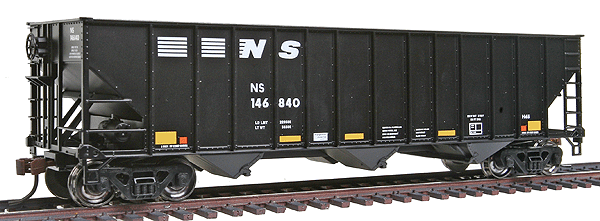 100-Ton 3-Bay Open Hopper Assembled w/Knuckle Couplers & Metal Wheels -- Norfolk Southern #146840 w/Yellow Conspicuity Stripes