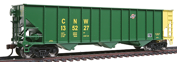 100-Ton 3-Bay Open Hopper Assembled w/Knuckle Couplers & Metal Wheels -- Chicago & North Western #135227 (yellow, green w/yellow end)