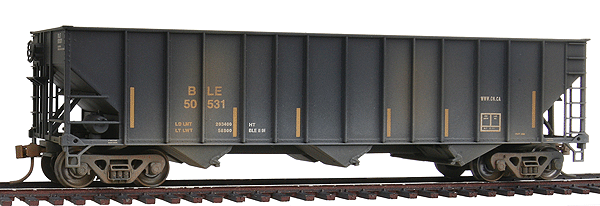 100-Ton Triple Hopper Assembled & Weathered -- Bessemer & Lake Erie #50531 (black, white w/yellow conspicuity stripes)