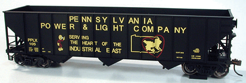 100-Ton 3-Bay Hopper - Ready to Run - Executive Line -- Pennsylvania Power & Light PPLX #139 (black, yellow, red, Reddy Kilowatt)
