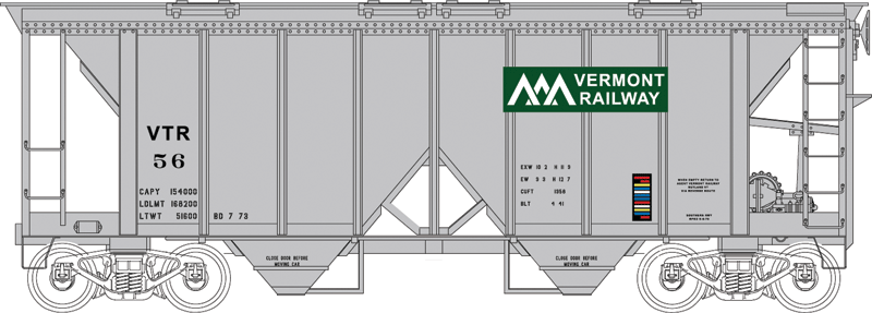 70-Ton 2-Bay Covered Hopper w/Open Sides - Ready to Run - Executive Line -- Vermont Railway #56 (gray, green, white)-1