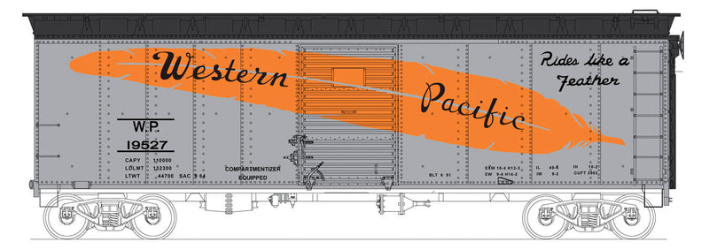 40' Single-Door Boxcar - Ready to Run -- Western Pacific #19527 (silver, orange, Large Feather)