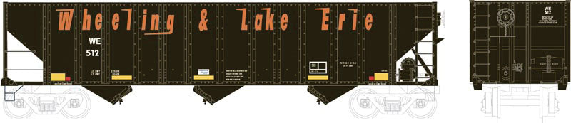 100-Ton 3-Bay Open Hopper - Ready to Run - Executive Line -- Wheeling & Lake Erie #512 (black, orange Speed Lettering,Conspicuity Stripe)
